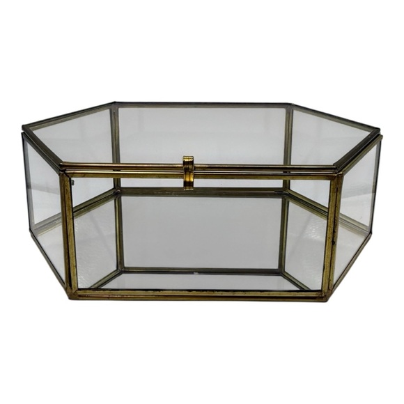 Anthropologie | Hexagon Gold & Glass Trinket Box With Hinged Lid - Picture 1 of 11
